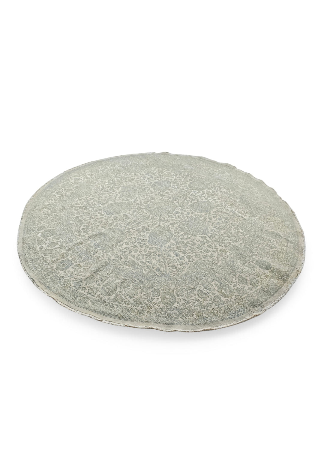 Sage and Cream Concentric Floral Round, Hand-Knotted Wool and Silk Rug