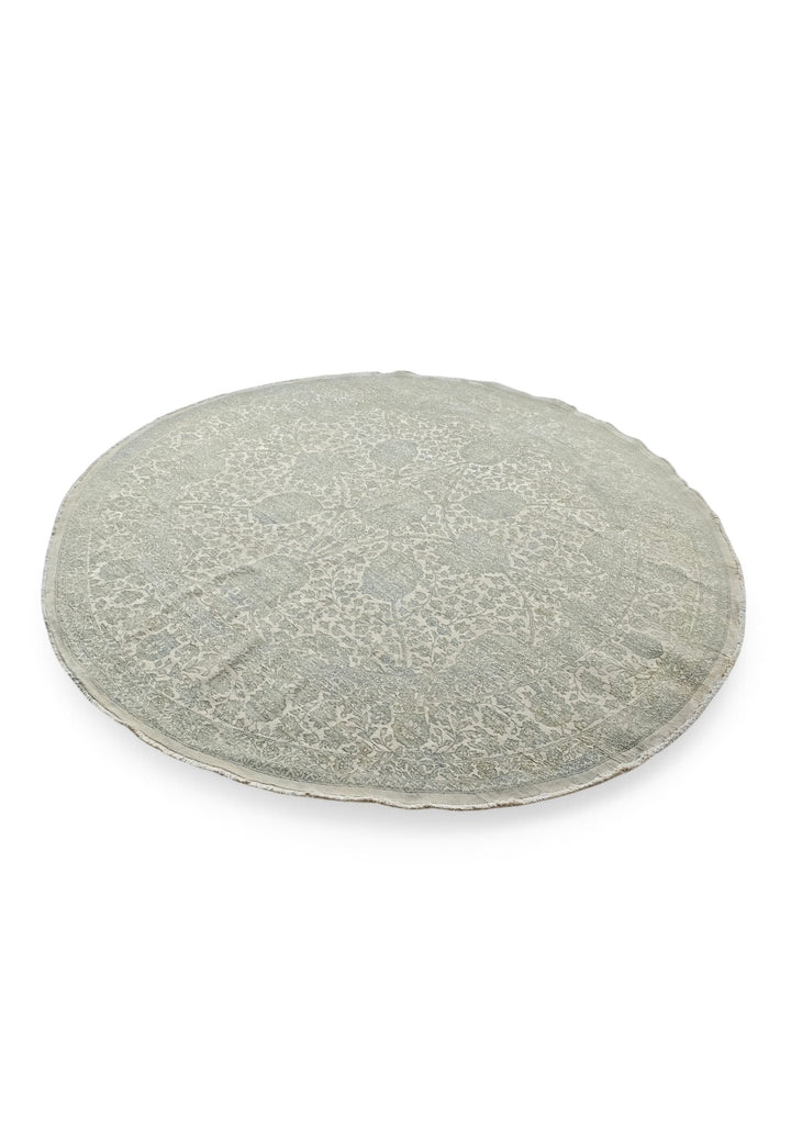 Sage and Cream Concentric Floral Round, Hand-Knotted Wool and Silk Rug