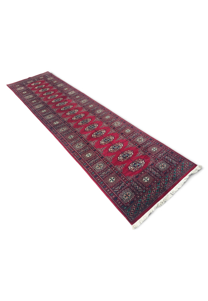 Wine Red and Cream Single Column Gül Bokhara, Hand-Knotted Wool Rug