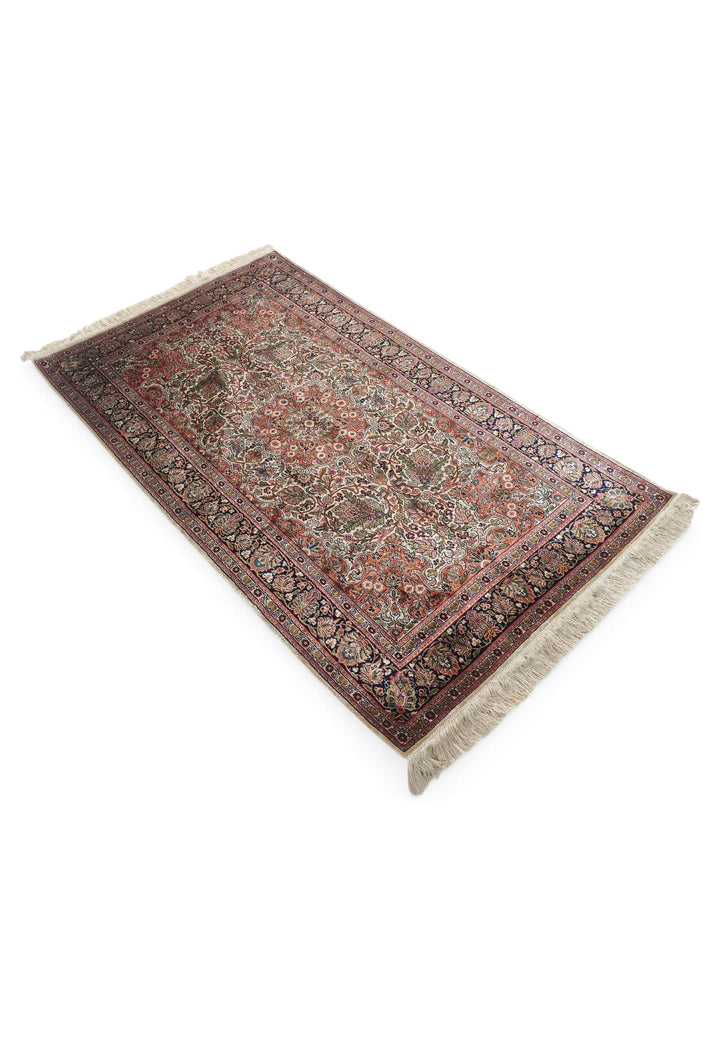 Rose and Black Afshan All-Over Floral, Hand-Knotted Silk Rug