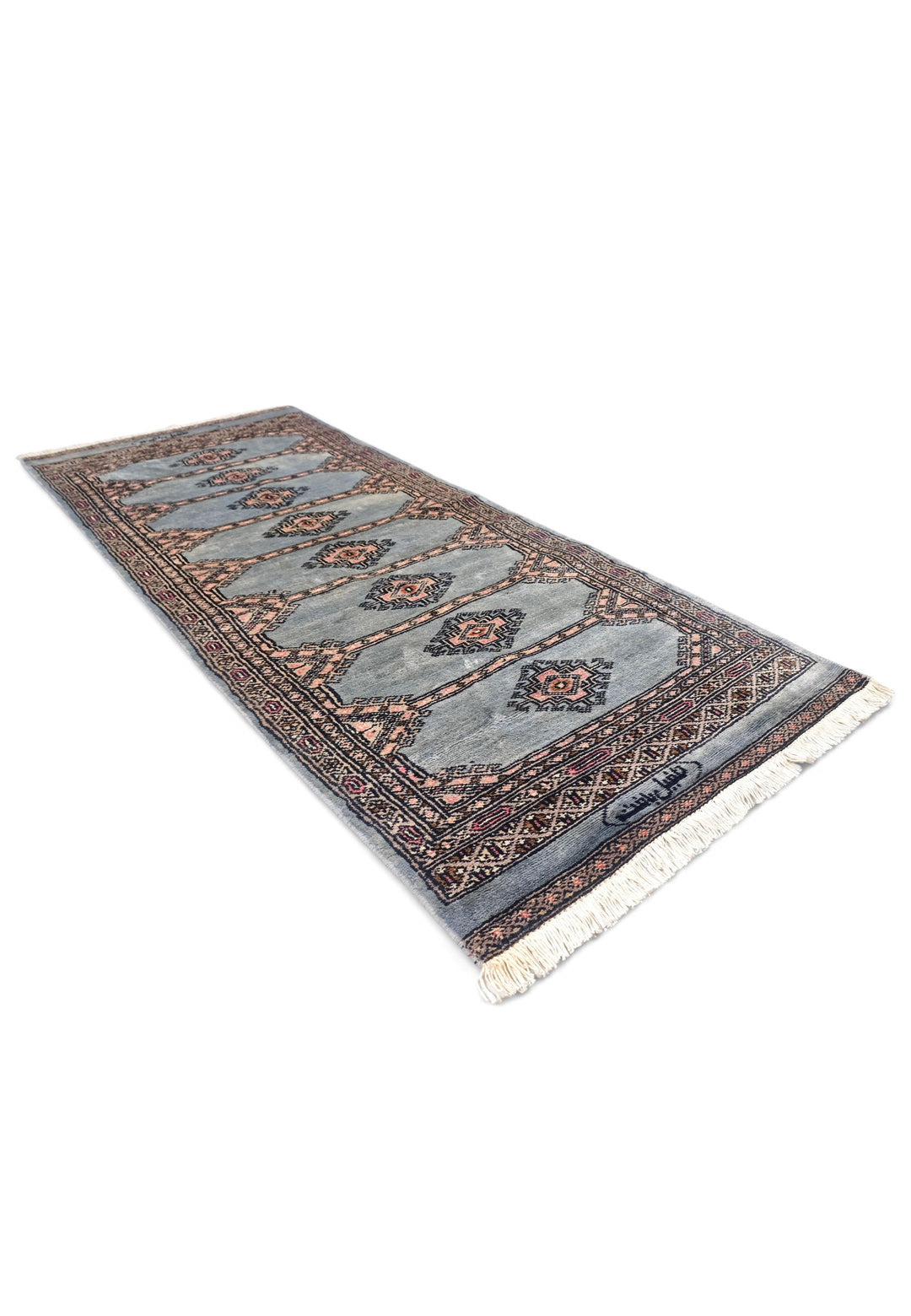 Dusty Blue and Peach Jaldar Diamond Medallion, Hand-Knotted Wool Rug