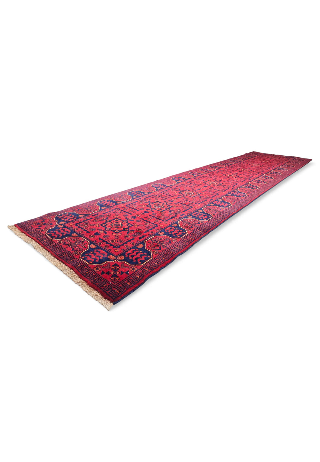 Cherry Red and Navy Khan Muhammadi Runner, Hand-Knotted Wool