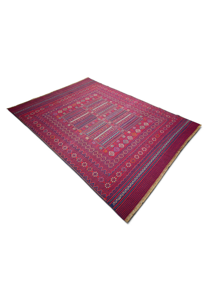 Rose Red and Navy Four-Panel Kilim, Hand-Woven Wool