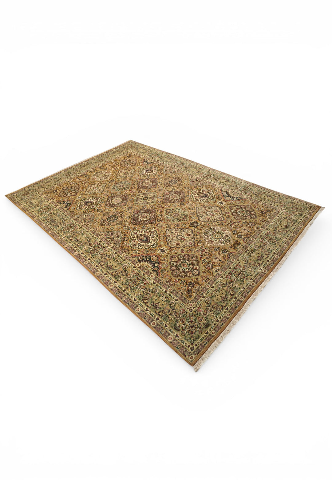 Gold and Sage Repeating Floral, Hand-Knotted Wool Rug