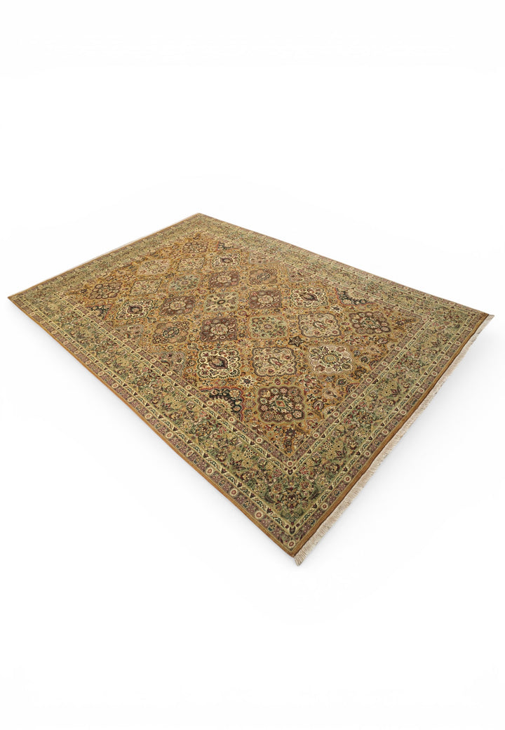 Gold and Sage Repeating Floral, Hand-Knotted Wool Rug