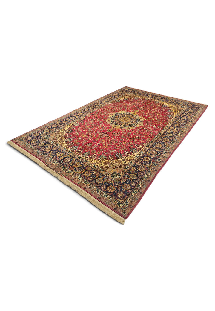 Crimson and Gold Medallion Sirafian Isfahan, Hand-Knotted Wool Rug