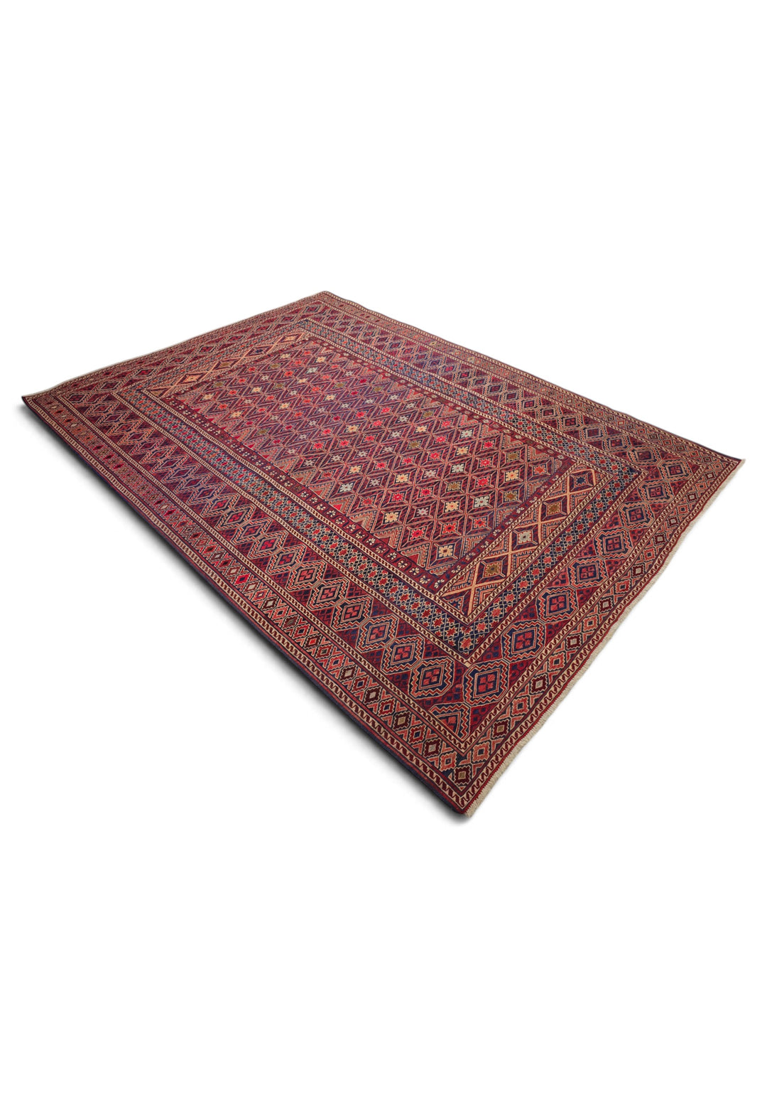 Red and Ivory Diamond Lattice Kilim, Hand-Woven Wool