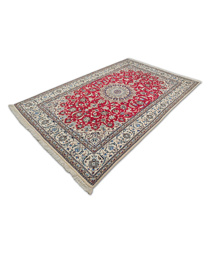 Red and Ivory Medallion Nain, Hand-Knotted Wool Rug