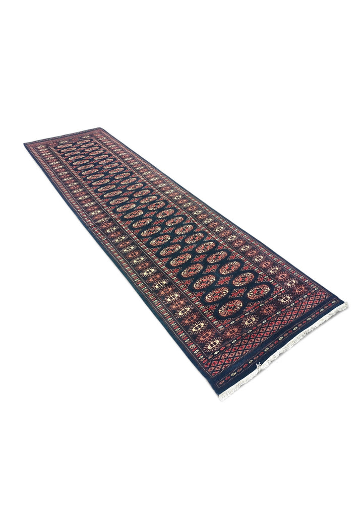Navy and Rose Double Column Gül Bokhara, Hand-Knotted Wool Rug