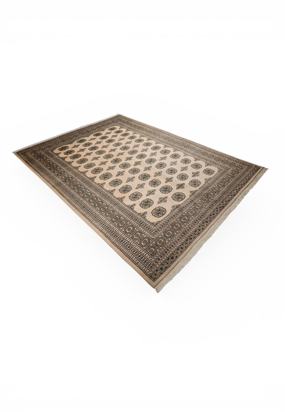 Sandy Beige &amp; Black Turkmen Gül Bokhara Rug, Hand-Knotted Pakistani Wool