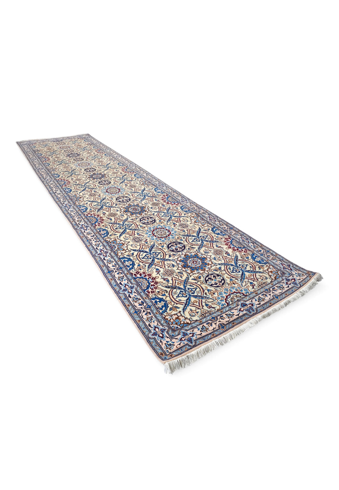 Ivory and Blue Lattice Medallion Nain, Hand-Knotted Wool Rug