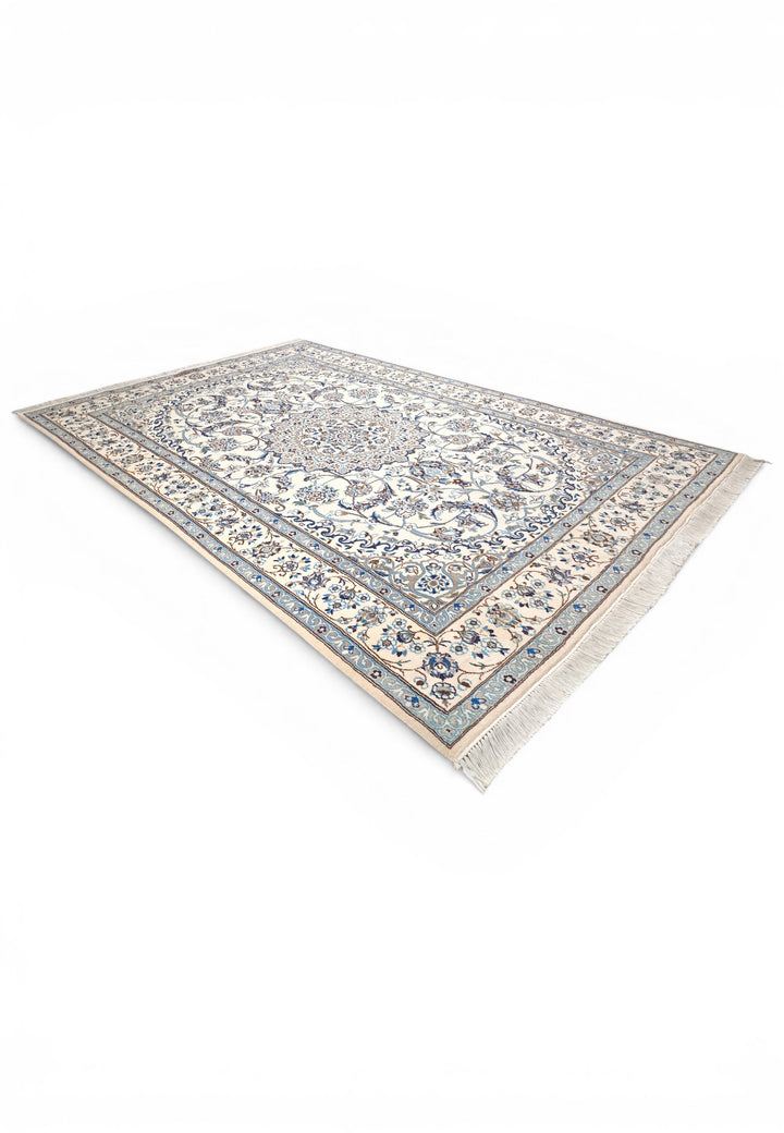 Ivory &amp; Blue Medallion Persian Nain, Hand-Knotted Wool Rug