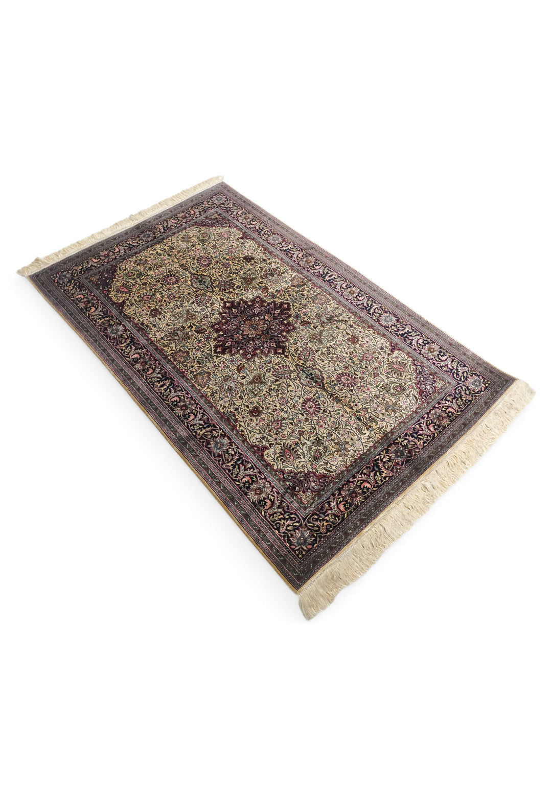 Gold and Deep Plum Shah Abbasi Medallion, Hand-Knotted Silk Rug