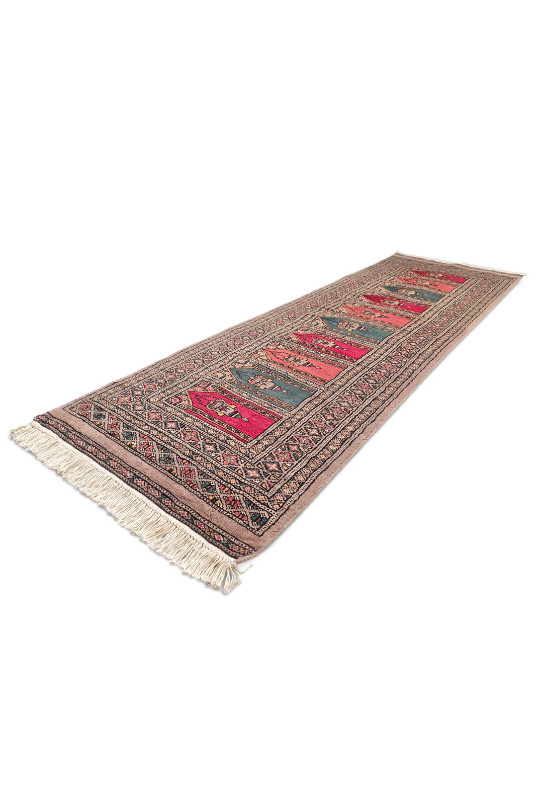 Taupe and Rose Saf Prayer Design, Hand-Knotted Wool Rug