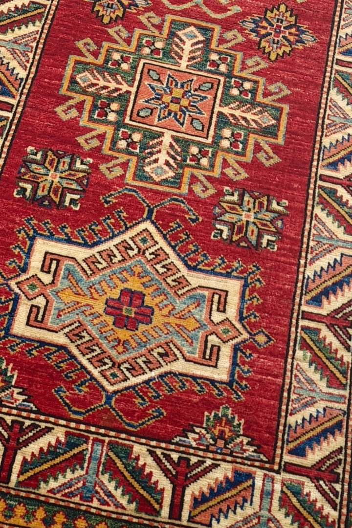 Deep Red and Cream Stepped Medallion Kazak, Hand-Knotted Wool Rug