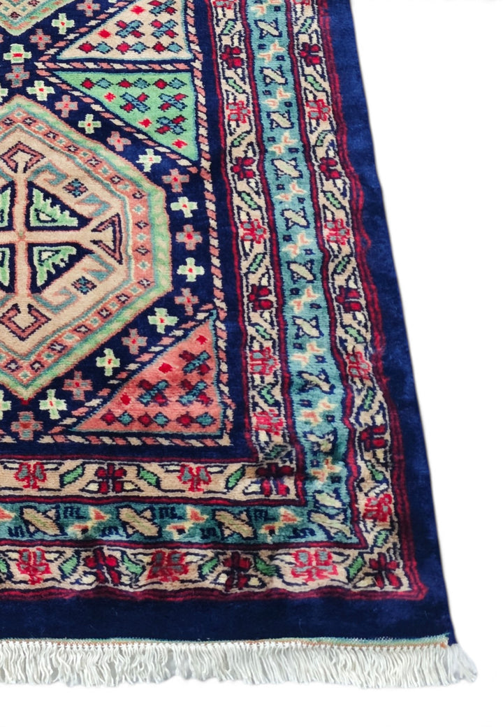 Navy and Rose Hexagonal Medallion Kazak, Hand-Knotted Wool Rug