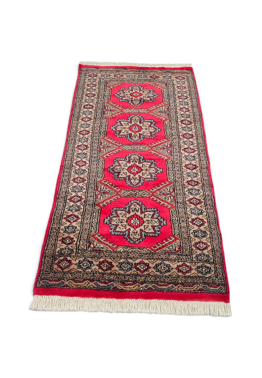 Crimson and Taupe Rosette Medallion, Hand-Knotted Wool Rug