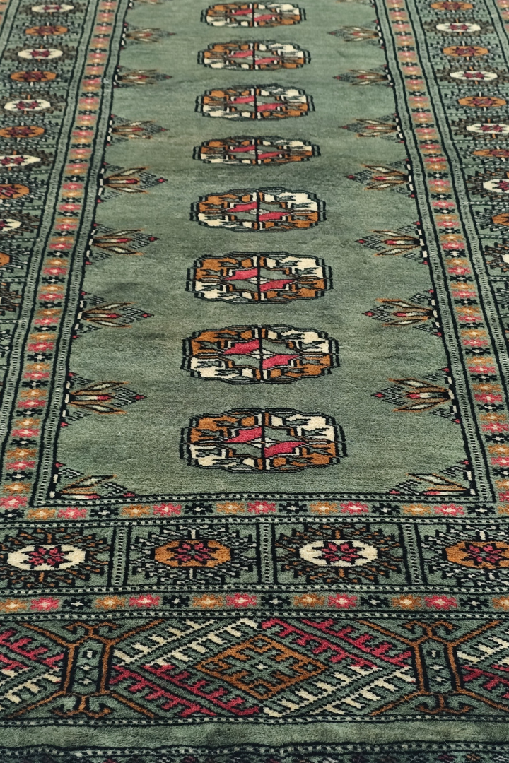 Sage and Gold Single Column Gül Bokhara, Hand-Knotted Wool Rug