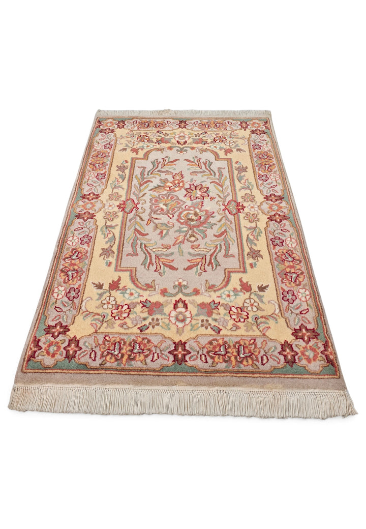 Butter Gold and Warm Grey French Floral Panel, Hand-Knotted Wool Rug