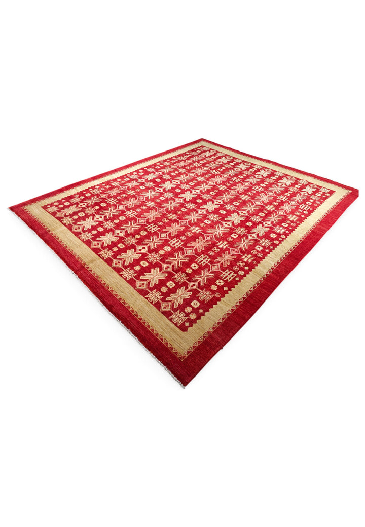 Bright Red and Wheat Gold Lattice Ghazni, Hand-Knotted Wool Rug