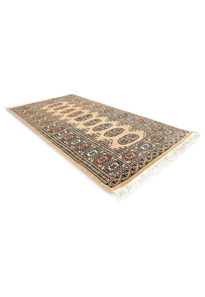 Gold and Peach Turkmen Gül Bokhara, Hand-Knotted Wool Rug