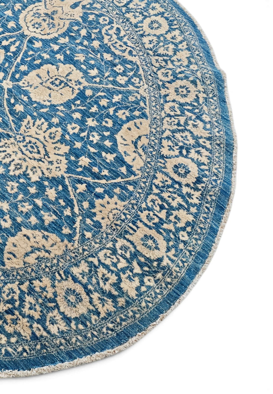 Slate Blue and Cream Radial Floral Round, Hand-Knotted Wool and Silk Rug