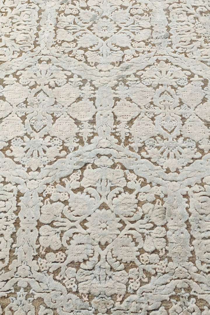 Ivory and Taupe Damask Lattice, Hand-Knotted Wool and Silk Rug