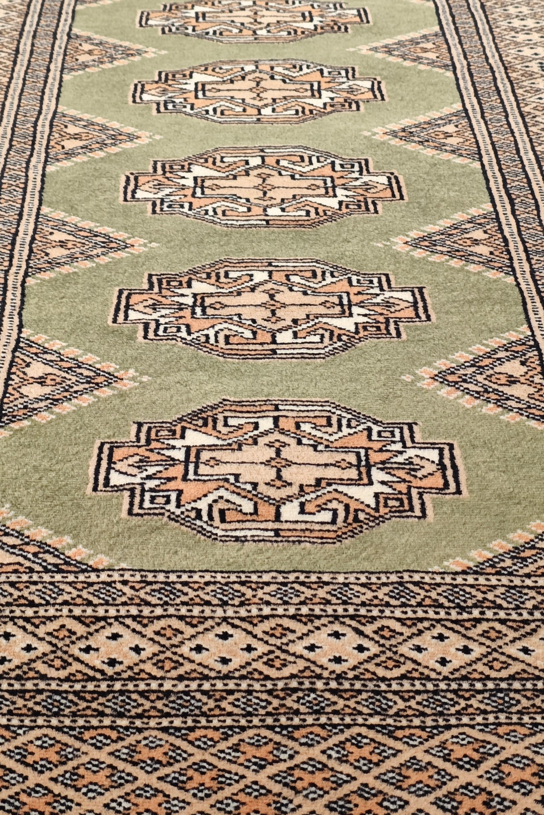 Olive Green and Beige Yamoud Rug, Hand-Knotted Wool