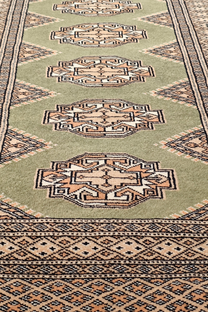 Olive Green and Beige Yamoud Rug, Hand-Knotted Wool
