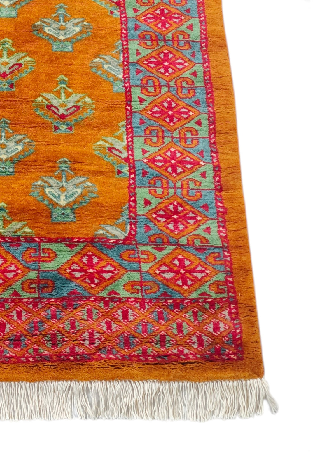 Saffron and Teal Flowering Shrub Repeat, Hand-Knotted Wool Rug