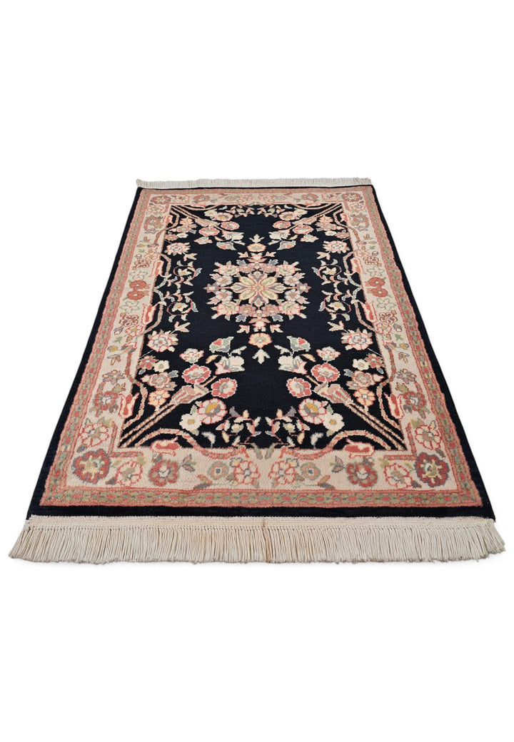 Black and Cream Kashan Floral Medallion, Hand-Knotted Wool Rug