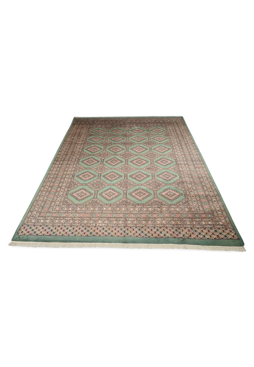 Sage Green and Taupe Compartment Lattice Bokhara, Hand-Knotted Wool Rug