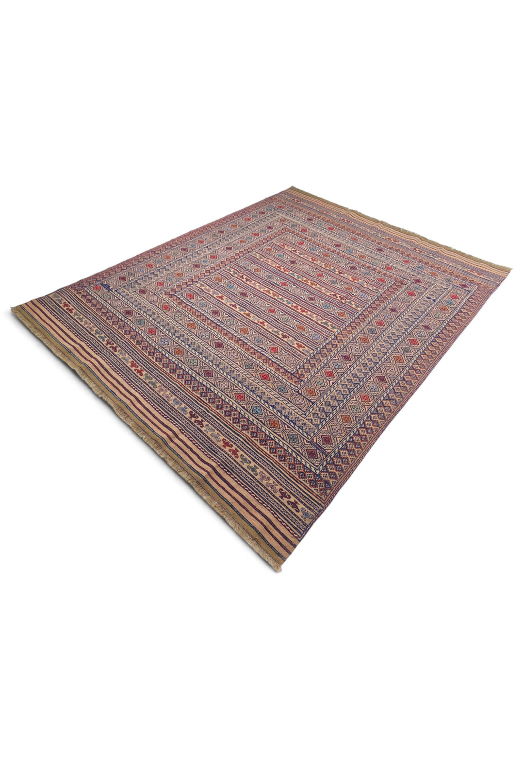 Camel and Indigo Banded Kilim, Hand-Woven Wool