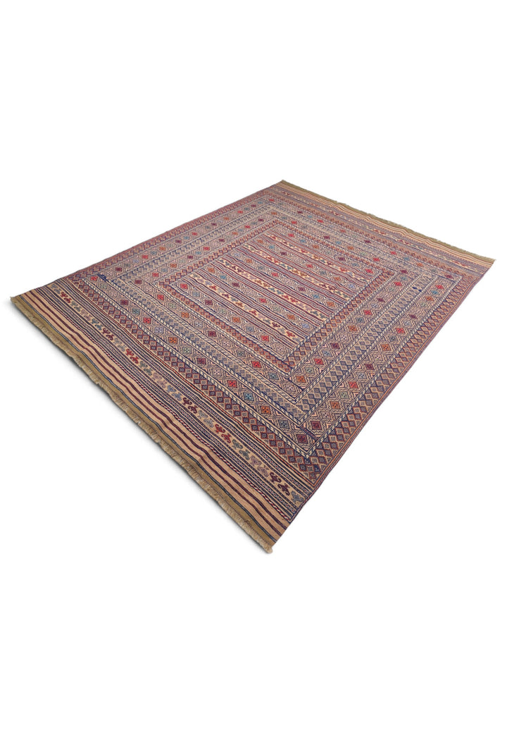 Camel and Indigo Banded Kilim, Hand-Woven Wool