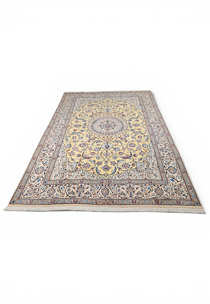 Saffron-Yellow Medallion Persian Nain, Hand-Knotted Wool Rug