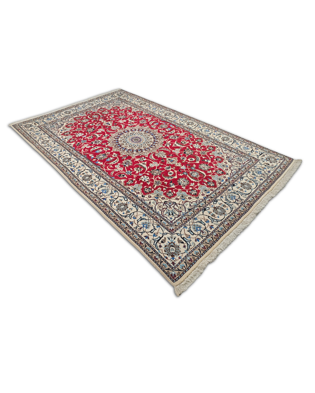 Red and Ivory Medallion Nain, Hand-Knotted Wool Rug