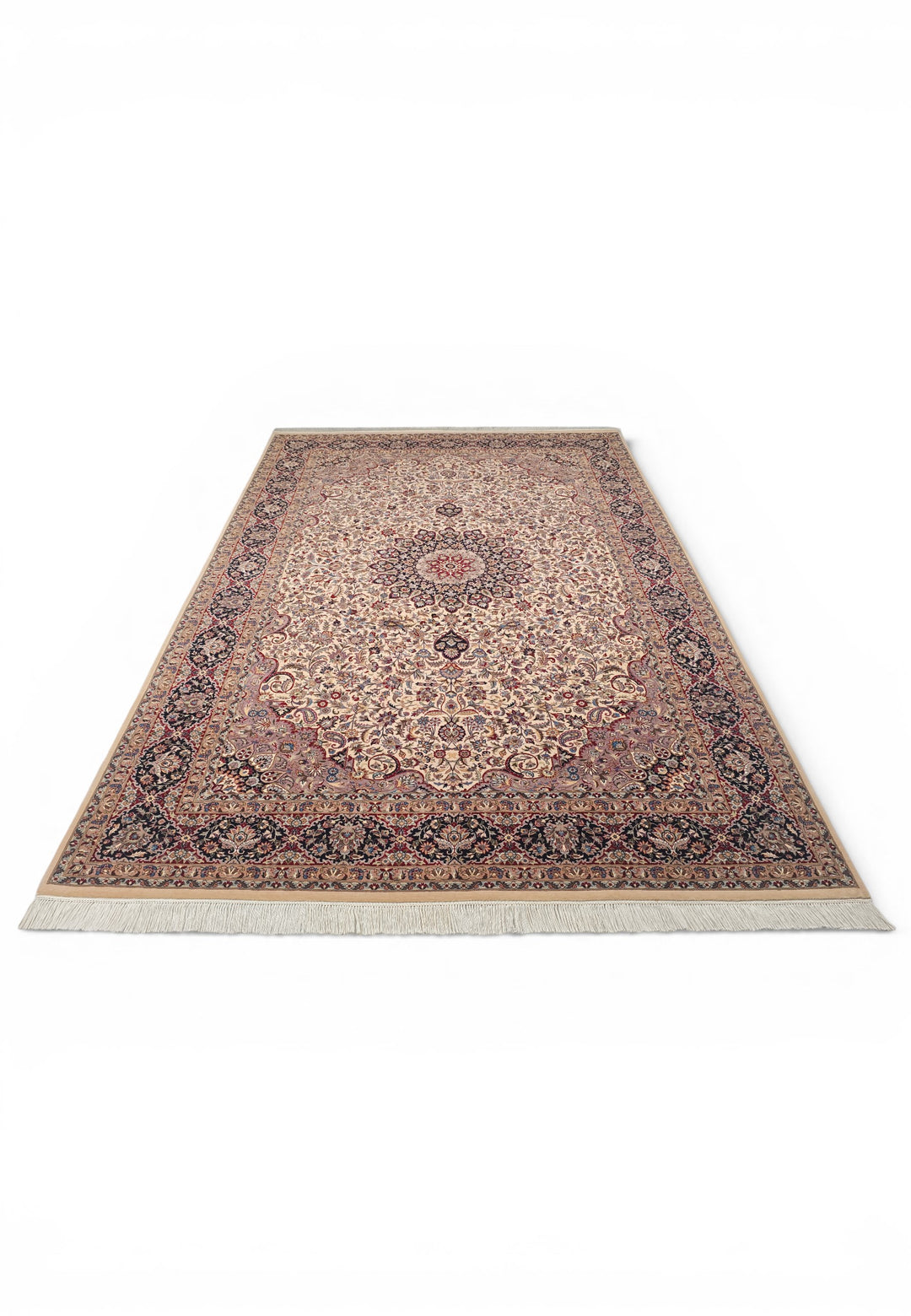 Ivory and Navy Floral Medallion, Hand-Knotted Wool and Silk Rug