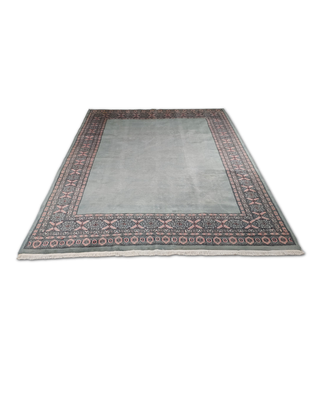 Sage Green and Rose Plain Field Bokhara, Hand-Knotted Wool Rug
