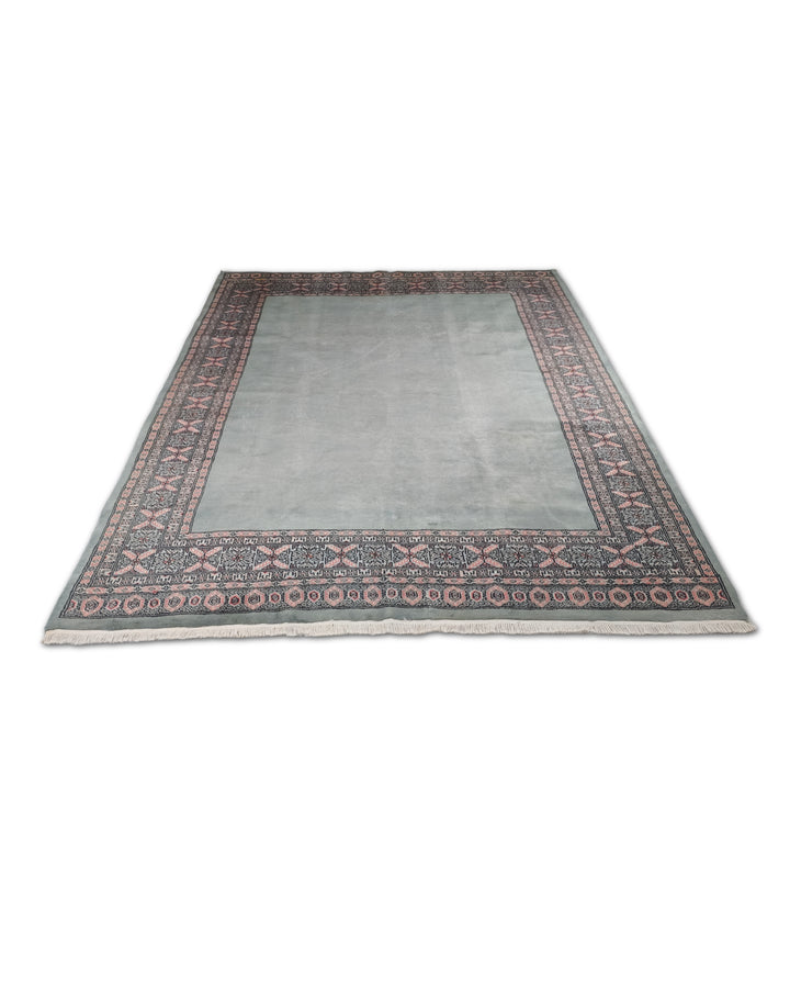 Sage Green and Rose Plain Field Bokhara, Hand-Knotted Wool Rug