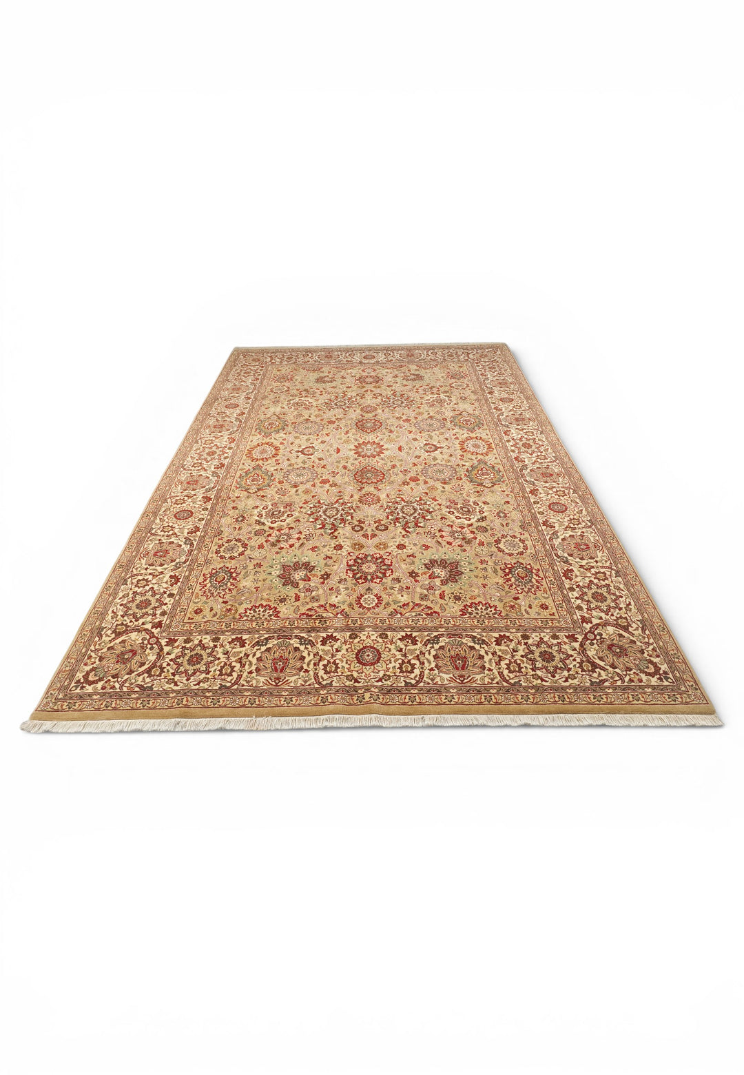 Gold and Ivory Tabriz Floral, Hand-Knotted Pakistani Wool Rug