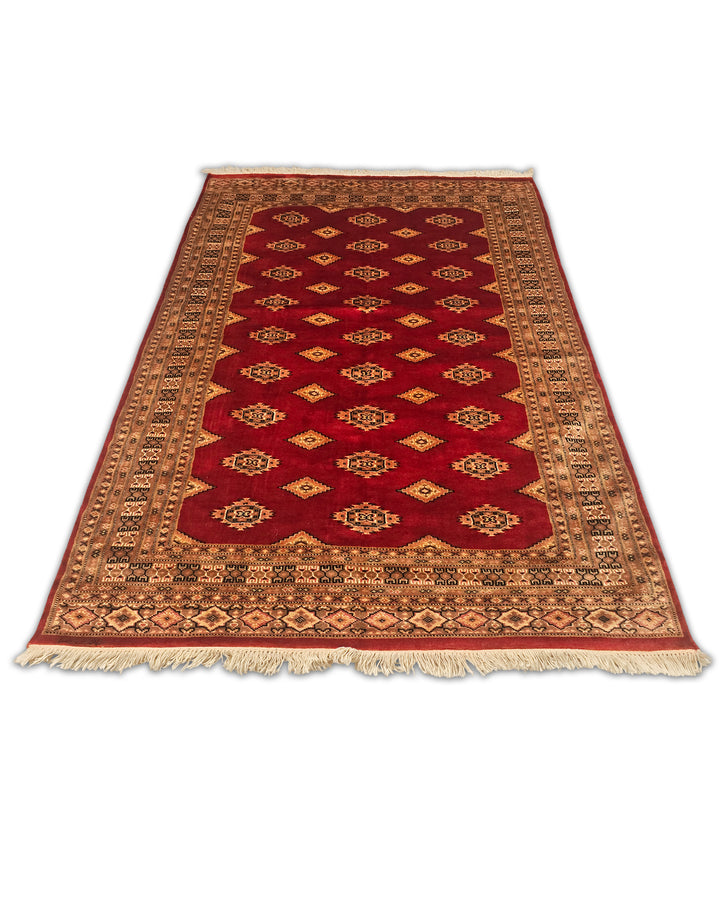 Red &amp; Gold Diamond Gül Jaldar Rug, Hand-Knotted Pakistani Wool &amp; Silk