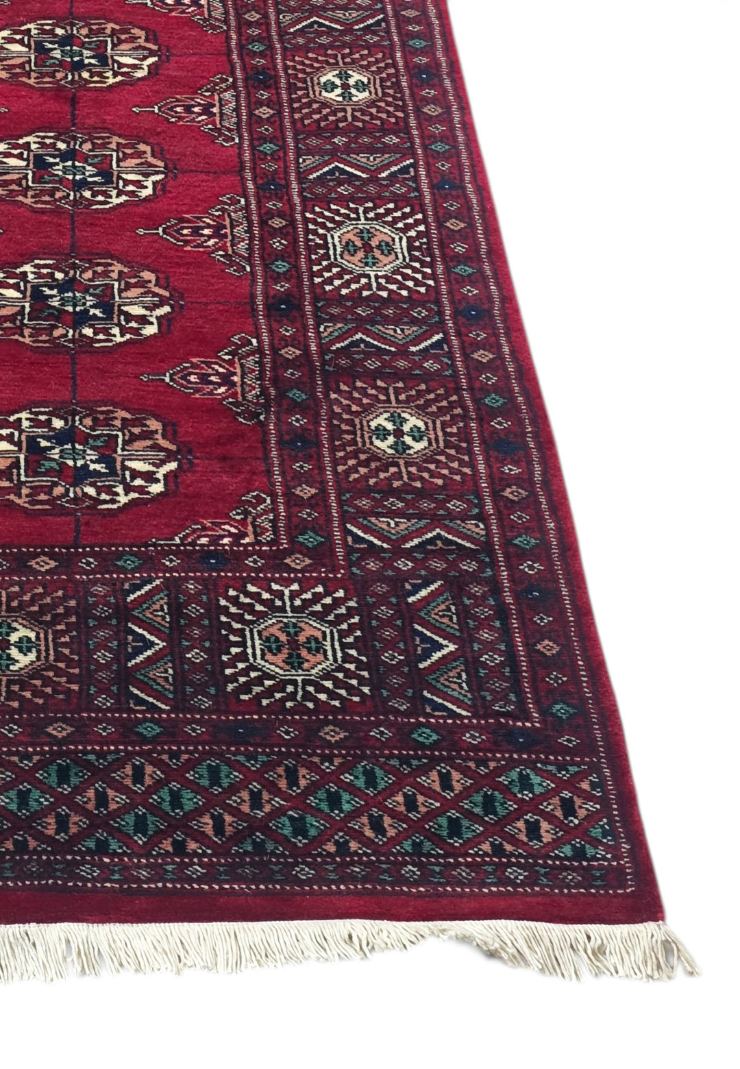 Wine Red and Cream Single Column Gül Bokhara, Hand-Knotted Wool Rug