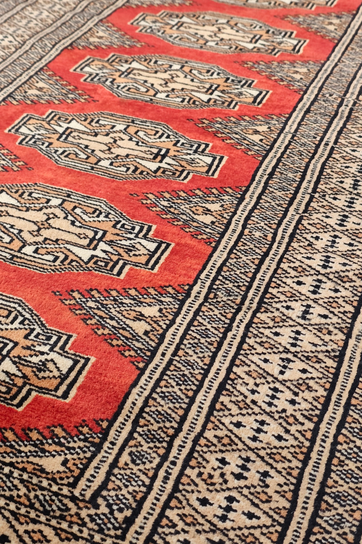 Red and Beige Yamoud Rug, Hand-Knotted Wool