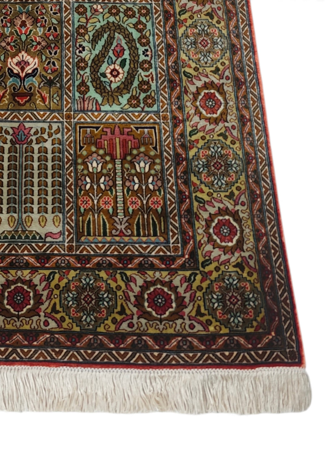 Taupe and Cream Khesti Garden Panel, Hand-Knotted Silk Rug