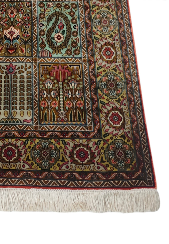Taupe and Cream Khesti Garden Panel, Hand-Knotted Silk Rug