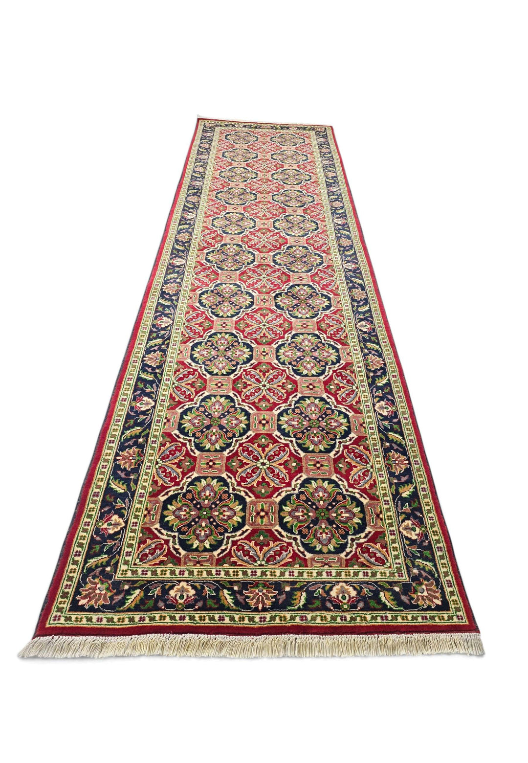 Red and Green Khal Mohammadi Runner, Hand-Knotted Wool