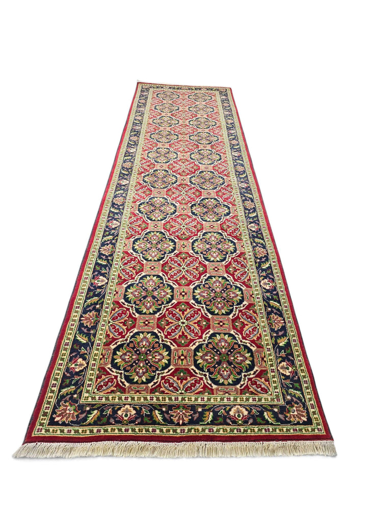 Red and Green Khal Mohammadi Runner, Hand-Knotted Wool