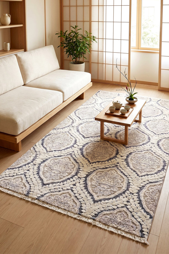 Pearl Damask Gabbeh, Hand-Knotted Afghan Wool &amp; Silk Rug