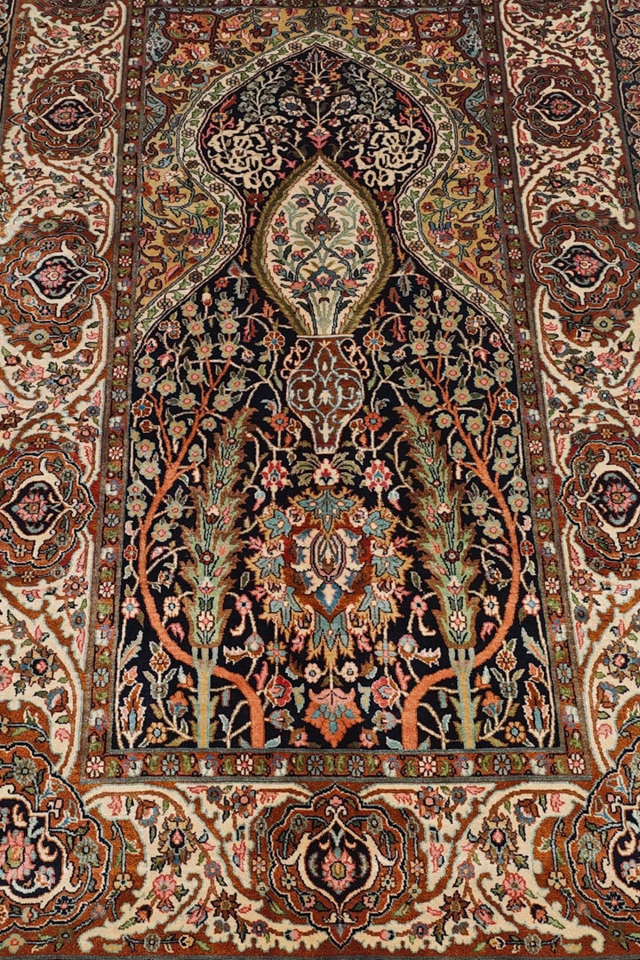 Black and Beige Mihrab Prayer Design, Hand-Knotted Silk Rug