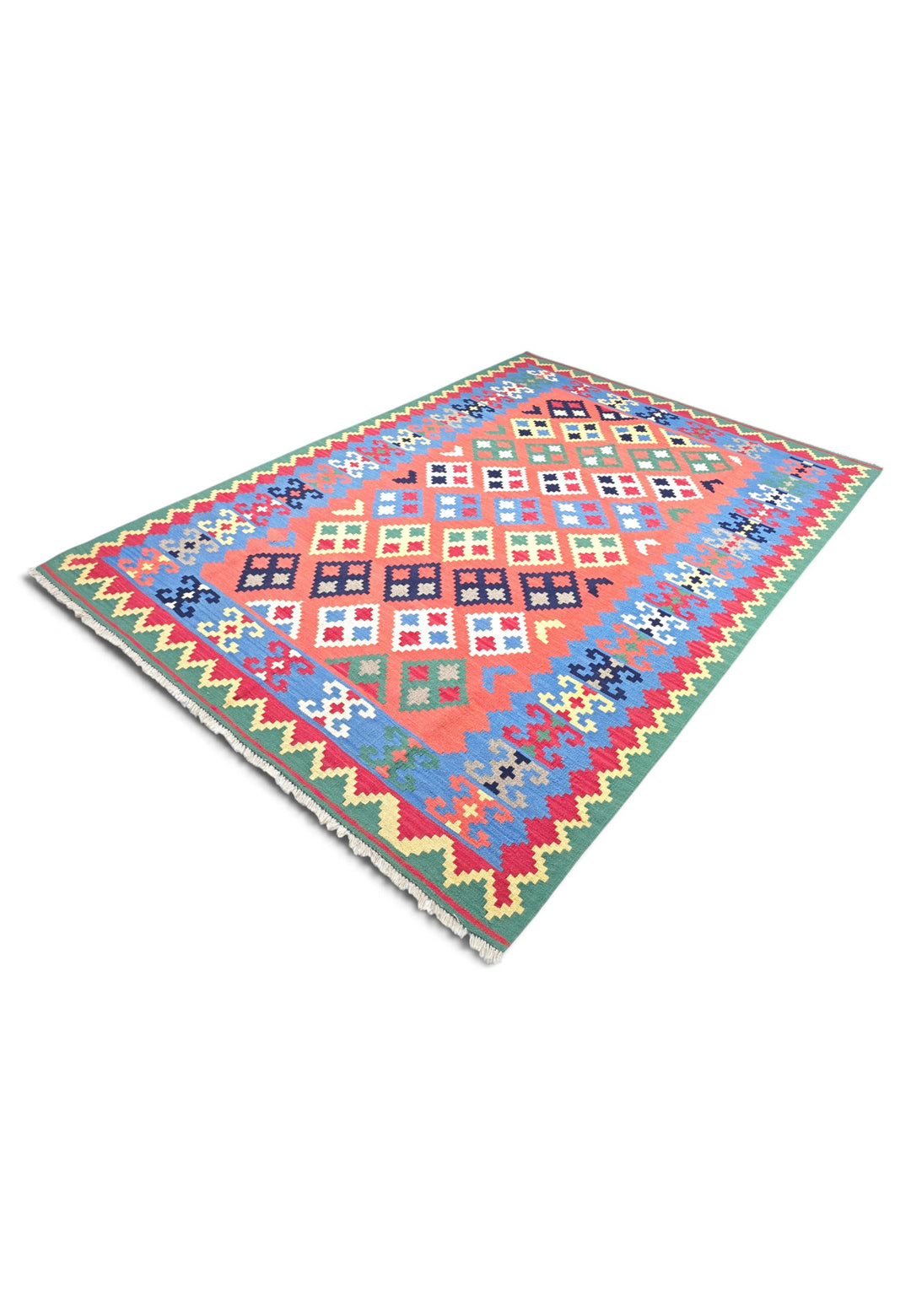 Coral and Green Qashqai Diamond Kilim, Hand-Woven Wool